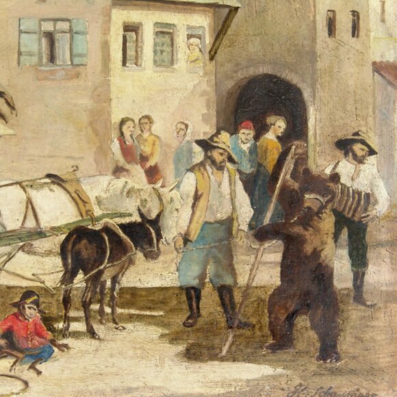 Antique 19C Orig Signed Painting on Wood German Stuhlmuller? Dancing Bear Monkey - Picture 3 of 6